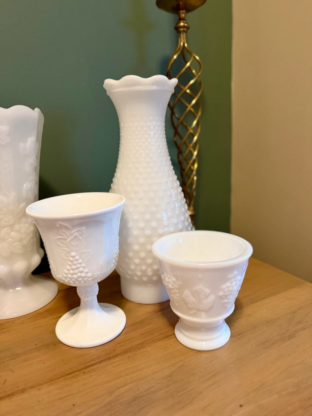 Vintage Milk Glass Lot Vases + Goblets Hobnail Grapes Wedding Decor - Picture 2 of 15